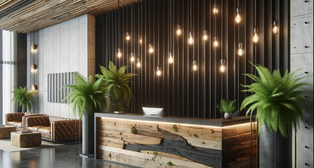 Modern reception area with a reclaimed wood desk, Edison bulb lighting, and potted ferns.