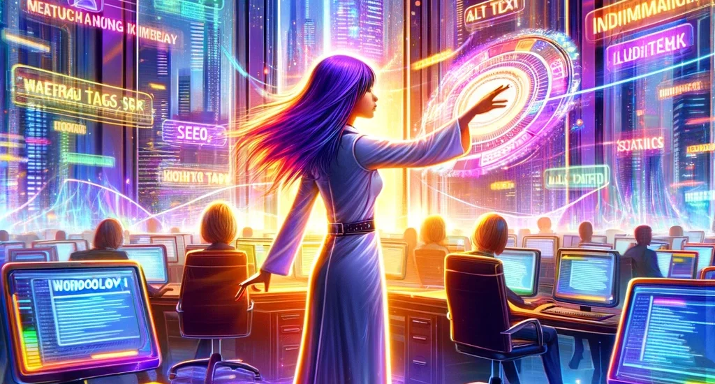 Colorful depiction of a young female SEO expert in a modern, holographic-filled office, interacting with floating digital terms like 'meta tags' and 'alt text', showcasing the dynamic intersection of technology and language.