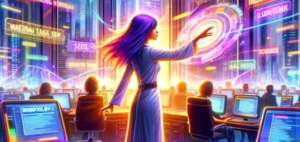 Colorful depiction of a young female SEO expert in a modern, holographic-filled office, interacting with floating digital terms like 'meta tags' and 'alt text', showcasing the dynamic intersection of technology and language.