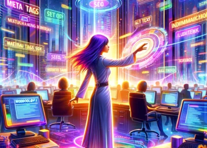 Colorful depiction of a young female SEO expert in a modern, holographic-filled office, interacting with floating digital terms like 'meta tags' and 'alt text', showcasing the dynamic intersection of technology and language.