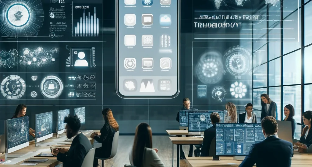 "A sleek, modern workspace focusing on mobile app development and advanced identity resolution technology, featuring large monitors displaying mobile app interfaces, data analytics dashboards, and digital network visualizations, with professionals collaborating and analyzing data."