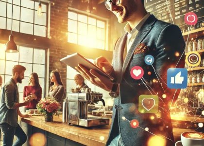 Small business owner using a mobile app on a tablet behind the counter in a stylish cafe with customers engaging with their mobile devices