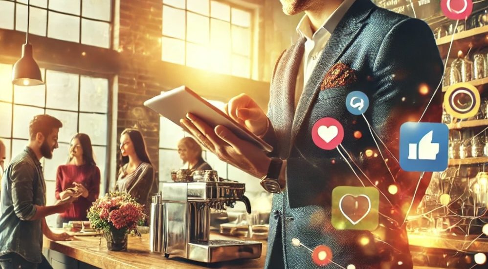 Small business owner using a mobile app on a tablet behind the counter in a stylish cafe with customers engaging with their mobile devices