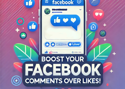 A vibrant social media graphic showing a Facebook post with comments, emphasizing 'Boost Your Facebook Engagement: Comments Over Likes!' with bright colors and modern design elements.